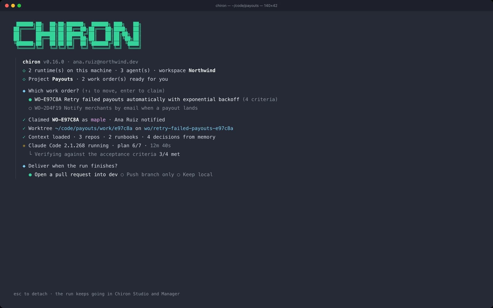 The Chiron CLI in a terminal: claiming a work order, creating its worktree, loading context from repositories and memory, and reporting the coding agent's progress against the acceptance criteria.
